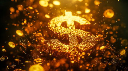 Golden dollar sign surrounded by falling coins and bright lightの素材