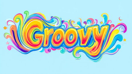 Groovy psychedelic lettering with rainbow colors and swirls designの素材