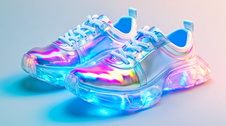 Pair of futuristic holographic sneakers with iridescent colors shining on gradient backgroundの素材