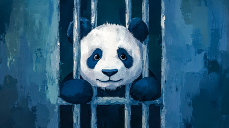 Lonely panda bear resting its head on the bars in a cageの素材