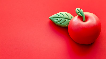 Plasticine red apple with leaf on red background representing health and freshnessの素材