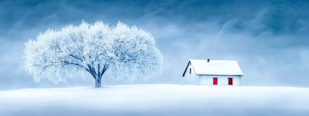 Ice storm covering trees and small house in winter wonderlandの素材