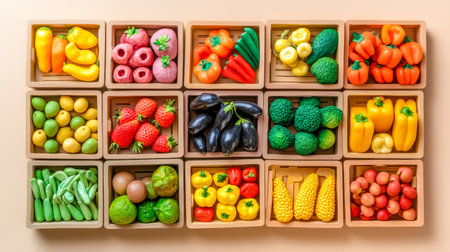 Colorful clay fruits and vegetables inside wooden crates on seamless backgroundの素材