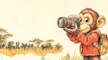 Cartoon monkey photographer capturing wildlife in the savannahの素材
