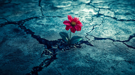 Red flower growing through cracked asphalt representing hope and resilienceの素材