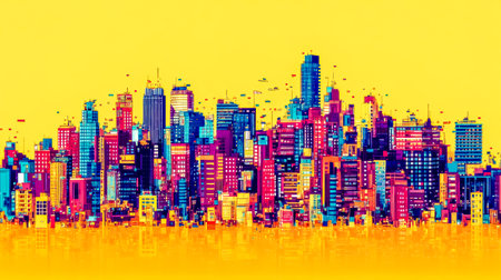 Pixel art cityscape reflecting on yellow backgroundの素材