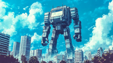 Giant robot emerging from city skyline under blue cloudy skyの素材