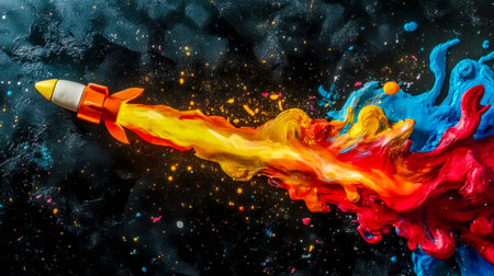 Colorful plasticine rocket launching in the outer space with colorful flamesの素材