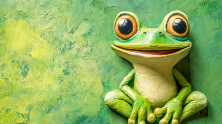 Smiling green frog sculpture resting on a textured wallの素材