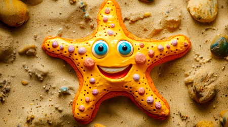 Cheerful starfish smiling on sandy beachの素材
