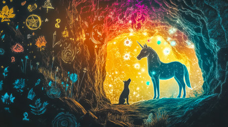 Unicorn and dog exploring mystical cave painting, crayon drawingの素材
