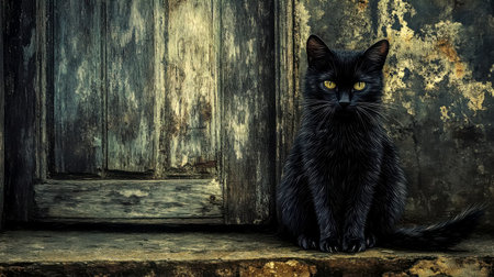 Black cat sitting in front of old wooden doorの素材