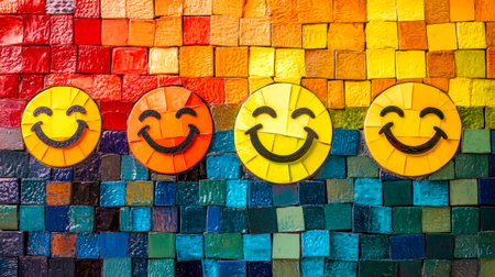 Colorful mosaic wall showing four smiley faces expressing happinessの素材