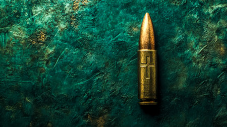 Bullet with cross engraved lying on green textured backgroundの素材
