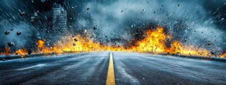 Hailstones falling on burning highway during apocalyptic stormの素材