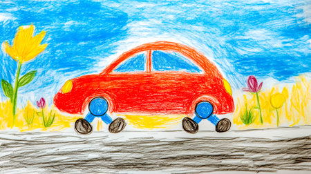 Red car walking on legs instead of wheels in childs drawingの素材