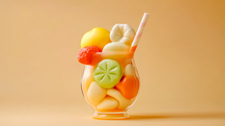 Colorful plasticine fruit cocktail overflowing a glass with strawの素材