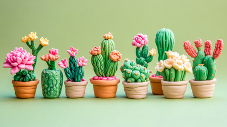 Colorful clay cacti blooming in tiny terracotta pots on green backgroundの素材