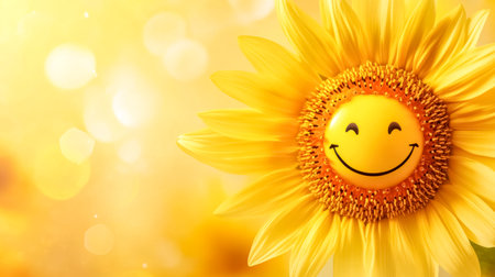 Sunflower smiling on a blurred yellow backgroundの素材