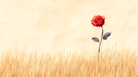 Single red rose blooming in a field of dry grassの素材