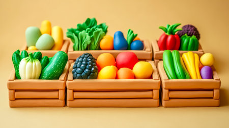 Colorful clay fruits and vegetables displayed in wooden cratesの素材