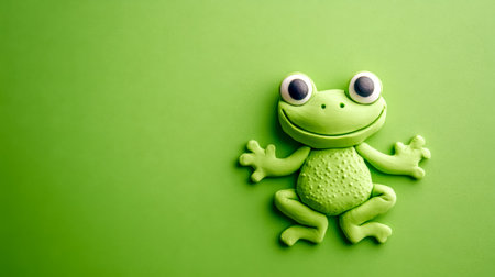 Smiling plasticine frog relaxing on green backgroundの素材
