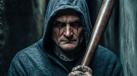Hooded criminal holding baseball bat, threatening and dangerousの素材
