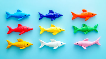 Colorful clay fish swimming in formation on blue backgroundの素材