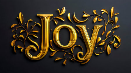 Golden joy sign with elegant floral ornaments on dark backgroundの素材