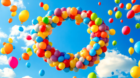 Colorful balloons forming a circle in the sky with cloudsの素材