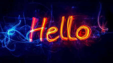 Hello sign with light painting effect and bold colors on black backgroundの素材
