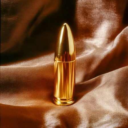 Gold plated bullet resting on elegant satin fabricの素材