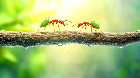 Two red ants carrying green aphids on a branch in rainforestの素材