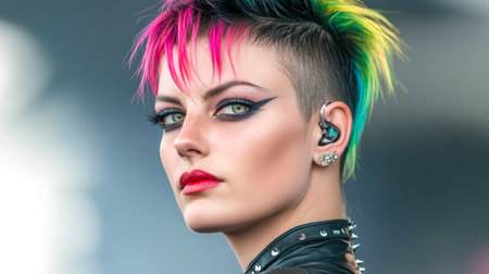 Singer with colorful hairstyle performing on stageの素材