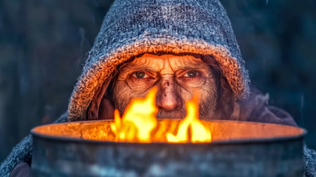 Homeless person warming up by fire in metal barrel during winterの素材