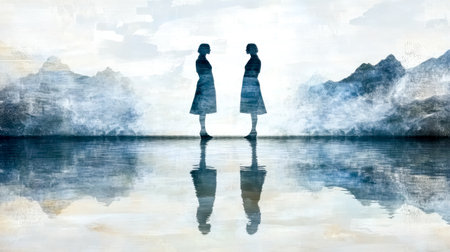 Two women reflecting on the still surface of a lake with mountains in the backgroundの素材
