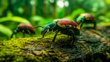 Colorful beetles crawling on mossy branch in rainforestの素材