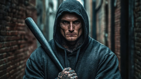 Hooded criminal holding baseball bat in dark alleyの素材