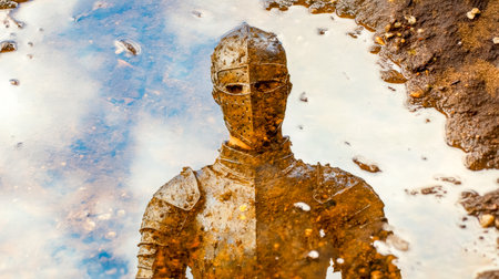 Medieval knight reflecting in a puddle after battleの素材