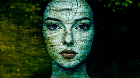 Woman face reflecting on still water surface with cracked effectの素材