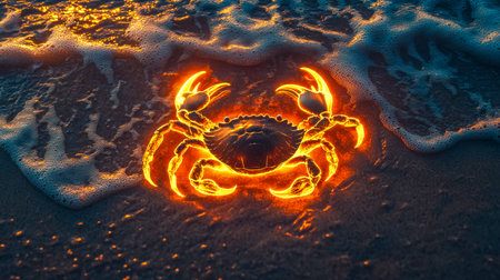 Glowing cancer zodiac sign emerging from sandy beach at sunsetの素材