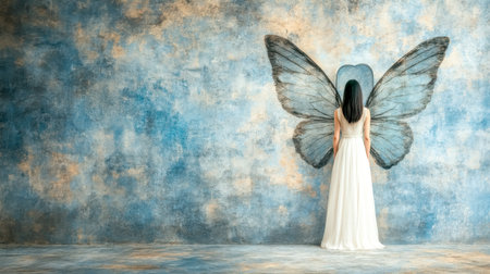 Woman wearing white dress standing with painted butterfly wings on blue wallの素材