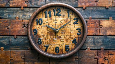 Puzzle clock ticking on wooden background showing time passingの素材