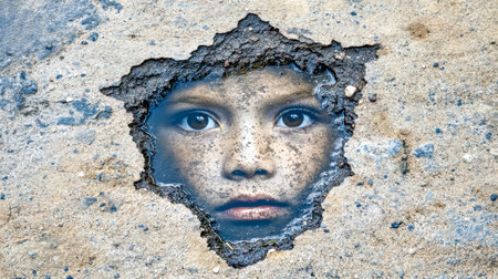 Child face reflecting in a puddle on damaged asphalt roadの素材