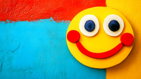Colorful smiley face representing happiness and positivity on vibrant backgroundの素材