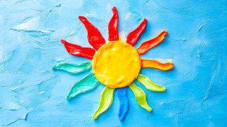Colorful plasticine sun shining on a textured light blue backgroundの素材