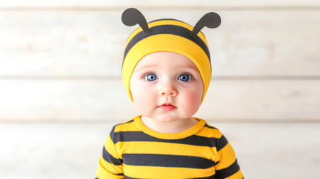 Adorable baby wearing bumblebee costume posing on white wooden backgroundの素材