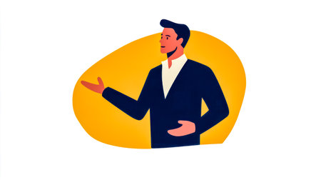 Confident businessman gesturing and speaking on stage with convictionの素材