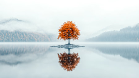 Lonely orange tree reflecting in a misty lake during fall seasonの素材