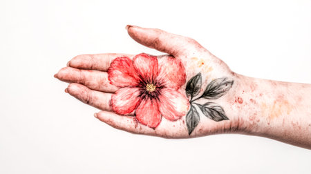 Hand holding blooming red flower symbolizing growth and rebirthの素材